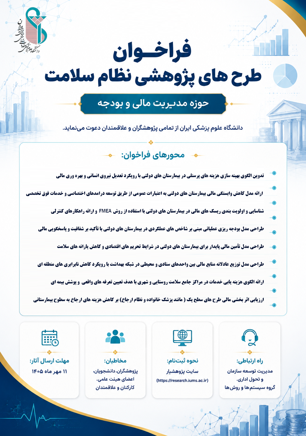فراخوان ارائه طرح‌های پژوهشی نظام سلامت HSR در حوزه توسعه مدیریت و برنامه‌ریزی منابع